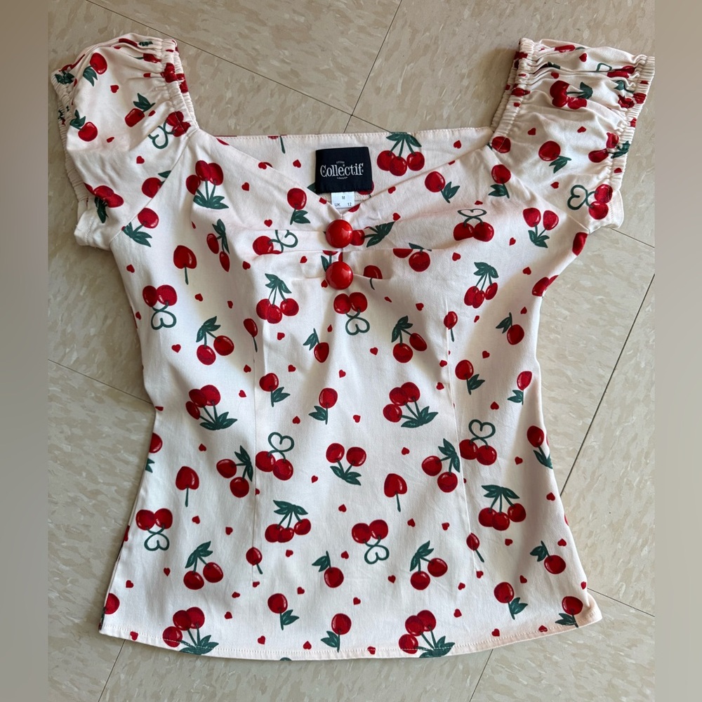 Collectif Dolores Cherry Love Cream and Red Cherry Print Blouse